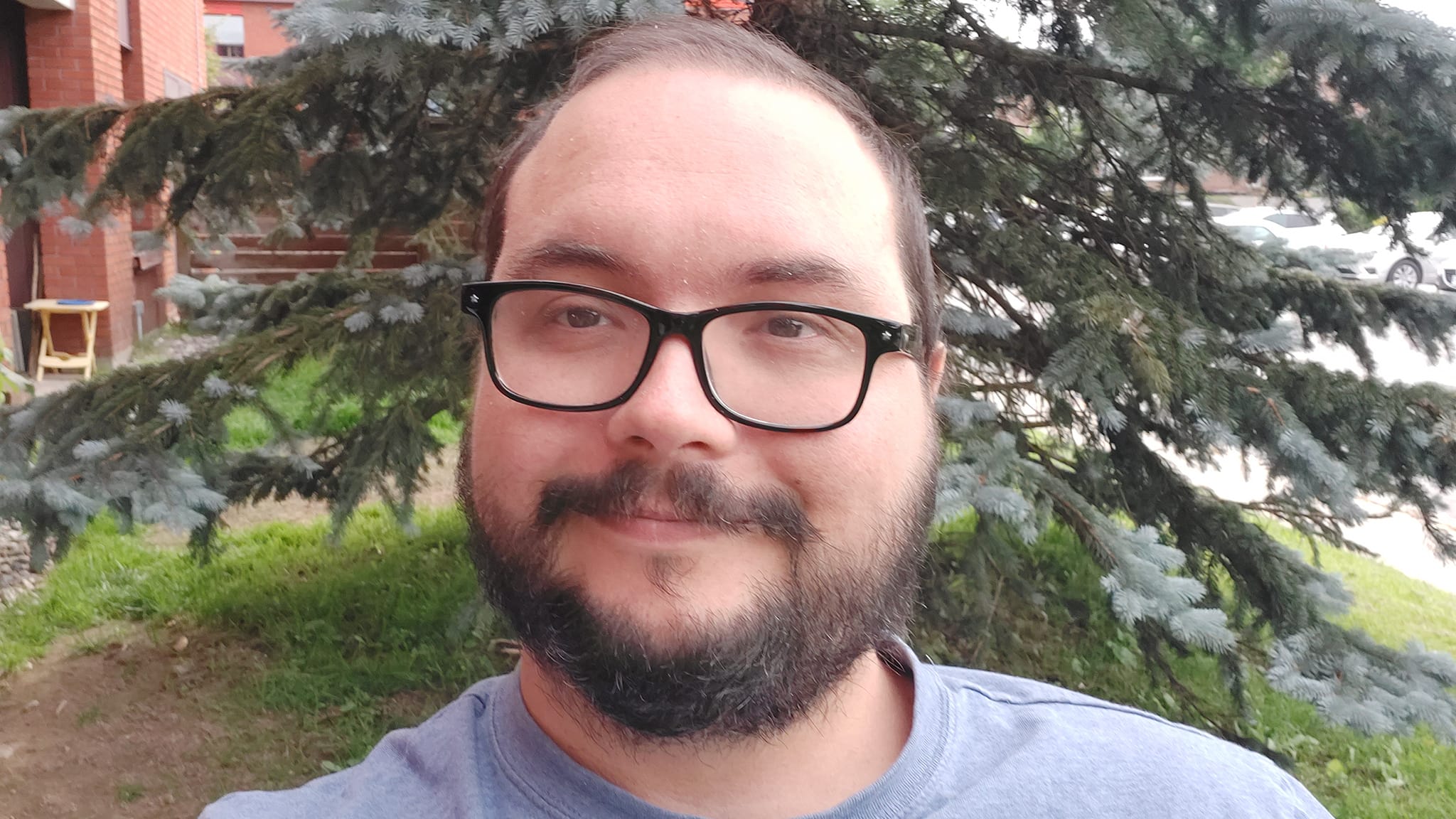 A man is dressed in a t-shirt and shorts, sitting in front of a blue spruce tree